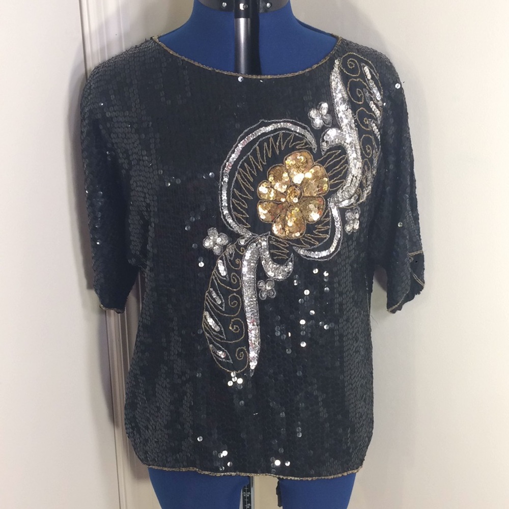 Black sequin evening top Gold silver floral beads